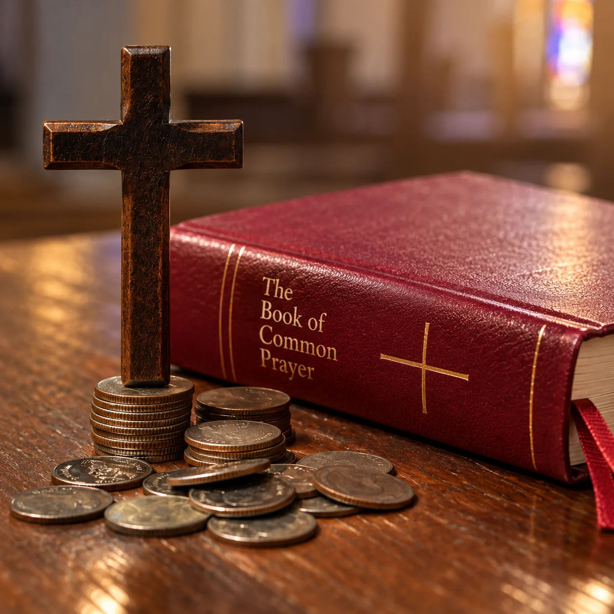 Book of common prayer with a cross on top of it, sitting on a table with coins scattered around it